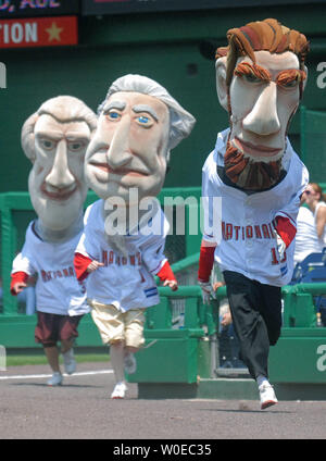 The Presidential character mascots of the Washington Nationals baseball  team, Thomas Jefferson, Teddy Roosevelt, Abraham Lincoln