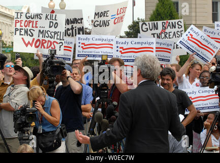 Paul Helmke, president of the Brady Campaign for gun control, speaks to reporters in front of the Supreme Court in Washington after the Court struck down the DC handgun ban on June 26, 2008. The Supreme Court, in a 5-4 ruling, affirmed the rights of individuals to own firearms, but the decision should leave most gun laws and regulations intact.   (UPI Photo/Roger L. Wollenberg) Stock Photo
