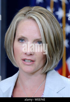 White House Press Secretary Dana Perino delivers her daily press briefing in the Brady Press Briefing Room at the White House in Washington on September 17, 2008. Perino spoke on the economy and the recent government bailout of insurance giant AIG and also reiterated that President Bush will not comment on the 2008 Presidential race. (UPI Photo/Kevin Dietsch) Stock Photo