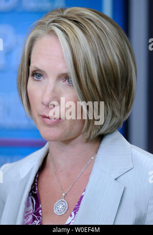 White House Press Secretary Dana Perino delivers her daily press briefing in the Brady Press Briefing Room at the White House in Washington on September 17, 2008. Perino spoke on the economy and the recent government bailout of insurance giant AIG and also reiterated that President Bush will not comment on the 2008 Presidential race. (UPI Photo/Kevin Dietsch) Stock Photo