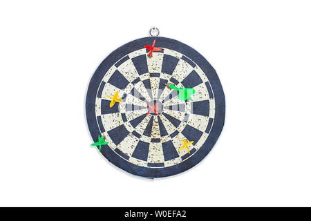 Isolated Darts stuck on target on a white background with clipping path. Stock Photo