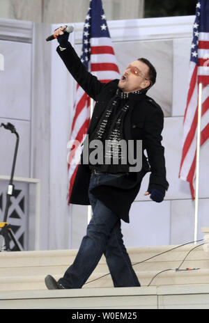 Bono of U2 performs during the We Are One inaugural opening ceremony concert at the Lincoln Memorial in Washington on January 18, 2009. (UPI Photo/Kevin Dietsch) Stock Photo
