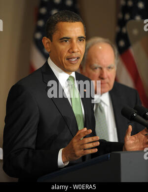 U.S. President Barack Obama urges passage of the budget during a statement in the Eisenhower Executive Office Building adjacent to the White House in Washington on March 17, 2009. At right is Rep. John M. Spratt, Jr., D-SC.  (UPI Photo/Roger L. Wollenberg) Stock Photo