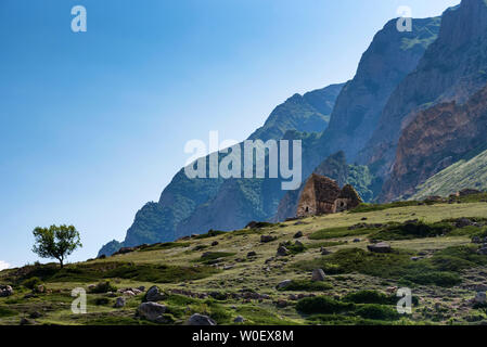 Distant view of medieval tombs in City of Dead near Eltyulbyu, Russia Stock Photo