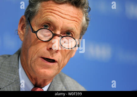 Olivier Blanchard, Economic Counselor and Director at the Research Department at the International Monetary Fund (IMF), delivers remarks on the world economic outlook during a news conference at the IMF Headquarters in Washington on July 8, 2009. (UPI Photo/Kevin Dietsch) Stock Photo