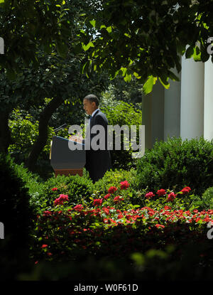 U.S. President Barack Obama discusses the economy in the Rose Garden of the White House on August 7, 2009. Obama noted the unemployment rate for July declined to 9.4 percent from 9.5 percent in June, a sign that economic losses are slowing.   UPI/Roger L. Wollenberg Stock Photo