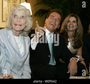 Eunice Kennedy Shriver, founder and chairperson of the Special Olympics, died at at a Cape Cod hospital in Hyannis, Massachusetts on August 11, 2009.  She was 88 and the sister of President John F. Kennedy, Senator Ted Kennedy, and mother of Maria Shriver, the first lady of California.   She is shown with her daughter Maria Shriver and her husband California Gov. Arnold Schwarzenegger as they watch election returns in Beverly Hills, California on November 7, 2006.   UPI Photo/Chris Carlson/Files Stock Photo