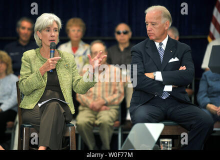 Vice President Joe Biden watches as Health and Human Services Secretary Kathleen Sebelius speaks to a group of senior citizens on health care reform at the retirement community Leisure World in Silver Spring, Maryland on September 23, 2009.   UPI/Kevin Dietsch Stock Photo