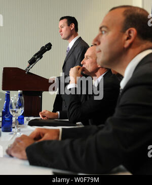 Pittsburgh Mayor Luke Ravenstahl, Allegheny Conference on Community Development Dennis Yablonsky and Allegheny County Executive Dan Onorato (L to R) participate in a news conference to discuss the G20 summit which Pittsburgh is hosting in Washington on September 9, 2009.    UPI/Roger L. Wollenberg Stock Photo