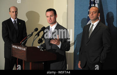 Allegheny Conference on Community Development Dennis Yablonsky, Pittsburgh Mayor Luke Ravenstahl and Allegheny County Executive Dan Onorato (L to R) participate in a news conference to discuss the G20 summit which Pittsburgh is hosting in Washington on September 9, 2009.    UPI/Roger L. Wollenberg Stock Photo