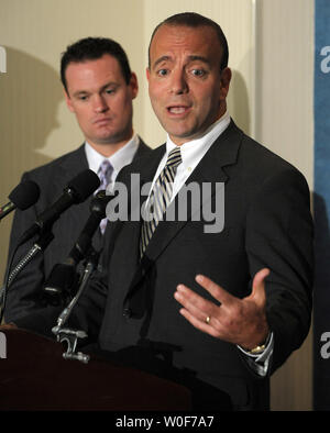 Pittsburgh Mayor Luke Ravenstahl and Allegheny County Executive Dan Onorato (L to R) participate in a news conference to discuss the G20 summit which Pittsburgh is hosting in Washington on September 9, 2009.    UPI/Roger L. Wollenberg Stock Photo
