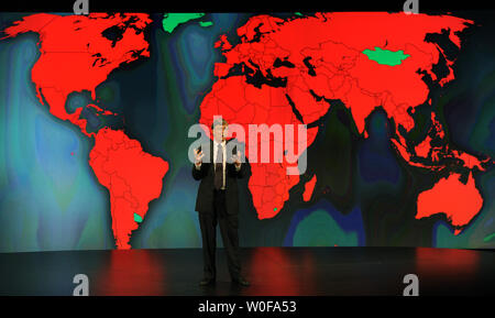 Bill Gates speaks to an audience gathered at the Sidney Harmen Hall in Washington on global health initiatives on October 27, 2009. The graphic displayed behind Gates illustrates in the color red, areas of the world where the transmission of Malaria occurred in 1900. Gates, who co-chairs the Bill and Melinda Gates Foundation, spoke about the Foundation's Living Proof Project, which reports on successful cases of U.S.-funded international health programs.  UPI/Alexis C. Glenn Stock Photo