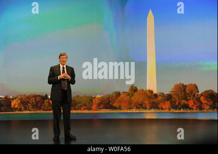 Bill Gates speaks to an audience gathered at the Sidney Harmen Hall in Washington on global health initiatives on October 27, 2009. The Gates, who co-chairs the Bill and Melinda Gates Foundation, spoke about the Foundation's Living Proof Project, which reports on successful cases of U.S.-funded international health programs.  UPI/Alexis C. Glenn Stock Photo