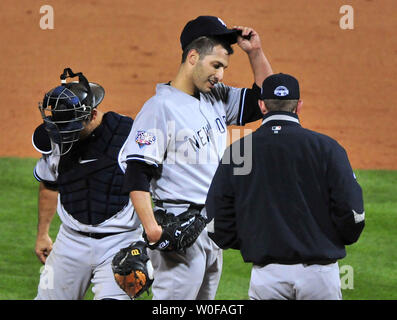 New York Yankees pitcher Andy Pettitte reacts on the mound during the sixth inning of game 3 of the World Series against the Philadelphia Phillies in Philadelphia on October 31, 2009.   UPI/Kevin Dietsch Stock Photo