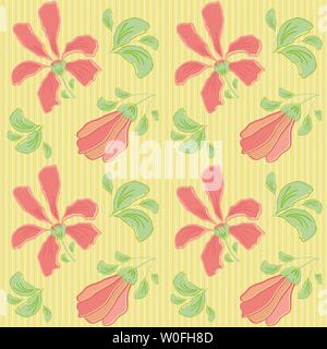 Coral flowers and green clusters of leaves on striped yellow background. Seamless vector pattern. Great for wellbeing, cosmetic, food products, summer Stock Vector