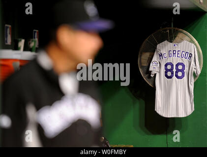 April 30, 2010; San Francisco, CA, USA; A Colorado Rockies jersey in honor  of Keli McGregor hangs in the Rockies dugout before the game against the  San Francisco Giants at AT&T Park.