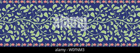 Beautiful indian floral border design with coral flowers and green foliage. Seamless vector pattern on striped blue background. Great for wellbeing Stock Vector