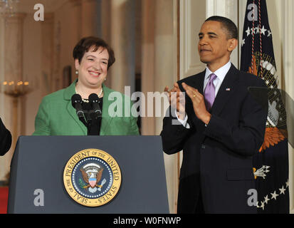 President Barack Obama applauds as he introduces Solicitor General Elena Kagan as his Supreme Court Justice nominee in the East Room at the White House in Washington, May 10, 2010. A vacancy in the court has opened up as current Supreme Court Justice John Paul Stevens has announced his resignation.   UPI/Kevin Dietsch Stock Photo