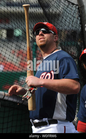 Washington Nationals third baseman Ryan Zimmerman takes batting practice before the Nationals game against the Pittsburgh Pirates in Washington on June 8, 2010. UPI/Kevin Dietsch Stock Photo