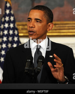U.S. President Barack Obama makes statement to the media regarding his meeting with top BP officials in the State Dining Room of the White House in Washington on June 16, 2010.    UPI/Roger L. Wollenberg Stock Photo