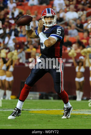 Buffalo Bills quarterback Trent Edwards looks to pass against the Washington Redskins during a pre-season game at FedEx Field in Washington on August 13, 2010.   UPI/Kevin Dietsch Stock Photo