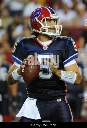 Buffalo Bills quarterback Trent Edwards looks to pass against the Washington Redskins during a pre-season game at FedEx Field in Washington on August 13, 2010.   UPI/Kevin Dietsch Stock Photo