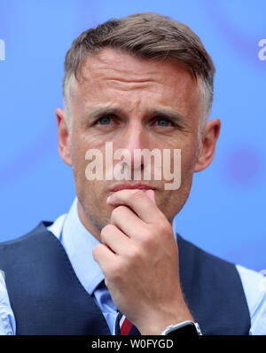 England head coach Phil Neville on the touchline Stock Photo