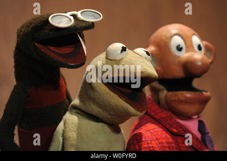 Puppets from Jim Henson's television show 'Sam and Friends,' including the original Kermit (C), are seen on display during a donation ceremony at the Smithsonian's National Museum of American History in Washington on August 25, 2010. The Jim Henson Legacy donated the puppets for the Smithsonian's permanent entertainment collection.    UPI/Kevin Dietsch Stock Photo