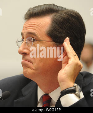 Stephen Colbert, host of The Colbert Report on Comedy Central, testifies before a House Judiciary Committee Immigration, Citizenship, Refugees, Border Security, and International Law Subcommittee hearing regarding migrant farm workers and the agricultural industry on Capitol Hill in Washington on September 24, 2010. Colbert was invited to testify after he spent one farcical day as a farm laborer which he said was much harder than punditry.     UPI/Roger L. Wollenberg Stock Photo