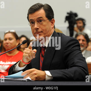 Stephen Colbert, host of The Colbert Report on Comedy Central, testifies before a House Judiciary Committee Immigration, Citizenship, Refugees, Border Security, and International Law Subcommittee hearing regarding migrant farm workers and the agricultural industry on Capitol Hill in Washington on September 24, 2010. Colbert was invited to testify after he spent one farcical day as a farm laborer which he said was much harder than punditry.     UPI/Roger L. Wollenberg Stock Photo