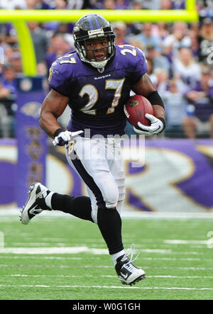 Baltimore Ravens running back Ray Rice runs for a first down against the Cleveland Browns at M & T Bank Stadium in Baltimore on September 26, 2010. The Ravens defeated the Browns 24-17.  UPI/Kevin Dietsch Stock Photo