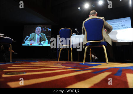 Retired Adm. Thad Allen, national incident commander for the Gulf oil spill, participates in a panel discussion on the decision making within the Unified Command during a public hearing on the response to the BP Deepwater Horizion oil spill, in Washington on September, 27, 2010.   UPI/Kevin Dietsch Stock Photo