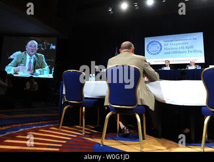 Retired Adm. Thad Allen, national incident commander for the Gulf oil spill, participates in a panel discussion on the decision making within the Unified Command during a public hearing on the response to the BP Deepwater Horizion oil spill, in Washington on September, 27, 2010.   UPI/Kevin Dietsch Stock Photo