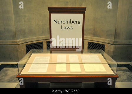 The original Nuremberg Laws are seen on display at the National Archives in Washington on October 6, 2010. The laws, established by Adolf Hitler and the Nazis, restricted the rights of German Jews. UPI/Kevin Dietsch Stock Photo