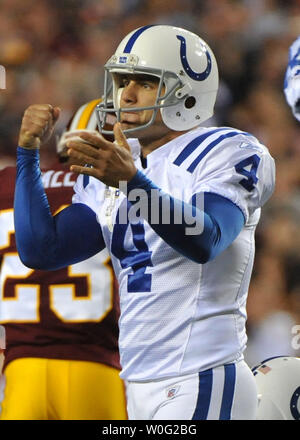 Indianapolis Colts kicker Adam Vinatieri reacts after missing a field goal during the second quarter against the Washington Redskins at FedEx Field in Landover, Maryland on October 17, 2010.   UPI/Kevin Dietsch Stock Photo