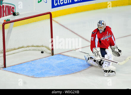 Washington Capitals' goalie Braden Holtby watches the puck go into the net from a shot by Philadelphia Flyers' Andrej Meszaros in the second period at the Verizon Center in Washington on November 7, 2010.  UPI/Kevin Dietsch Stock Photo