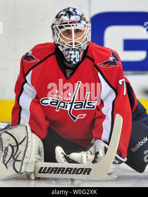 Washington Capitals goalie Braden Holtby warms up prior to the Capitals game against the Philadelphia Flyers at the Verizon Center in Washington on November 7, 2010.  UPI/Kevin Dietsch Stock Photo