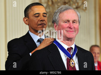 President Barack Obama awards the 2010 Presidential Medal of Freedom to John H. Adams, co-founder of the Natural Resources Defense Council, during a ceremony at the White House in Washington on February 15, 2011.  UPI/Kevin Dietsch Stock Photo