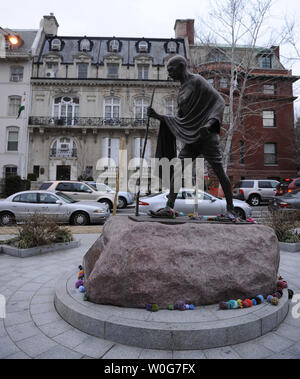 A tribute to Mahatma Gandhi is seen in front of the Embassy of India in Washington on February 20, 2011.    UPI/Roger L. Wollenberg Stock Photo