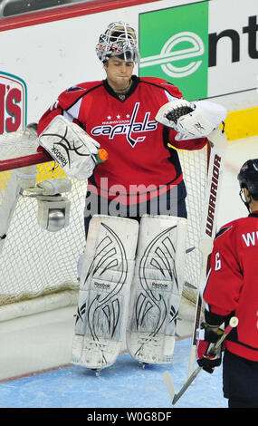 Washington Capitals' goalie Braden Holtby reacts after being scored on by the Chicago Blackhawks during the second period at the Verizon Center in Washington on March 13, 2011.  UPI/Kevin Dietsch Stock Photo