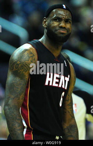 Miami Heat's LeBron James reacts to a call as the Heat plays the Washington Wizards at the Verizon Center in Washington on March 30, 2011.  UPI/Kevin Dietsch Stock Photo