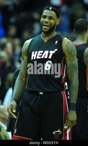 Miami Heat's LeBron James reacts as the Heat plays the Washington Wizards at the Verizon Center in Washington on March 30, 2011.  UPI/Kevin Dietsch Stock Photo