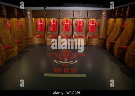 Wales rugby jerseys hanging in the Wales dressing room at the Principality Stadium. Stock Photo