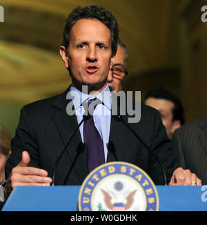 Treasury Secretary Timothy Geithner speaks to the media after meeting with Senate Democrats regarding the debt ceiling crises on Capitol Hill in Washington, DC, on July14, 2011.   UPI/Roger L. Wollenberg Stock Photo