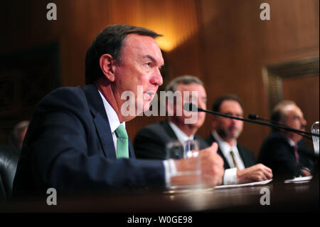 Wal-Mart CEO Michael Duke testifies before a Senate Finance Committee hearing on the U.S. tax code and how it affects business practices, on Capitol Hill in Washington on July 27, 2011. Duke was joined by other CEO's including  UPI/Kevin Dietsch Stock Photo