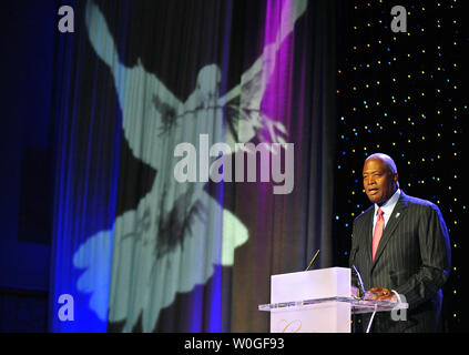 Harry Johnson, President of the Martin Luther King, Jr. National Memorial Project Foundation, delivers remarks at the Honoring Global Leaders for Peace gala at the Washington Convention Center in Washington, D.C.  on August 24, 2011. The gala is the kickoff event for the Martin Luther King Jr. Memorial weekend. The Memorial will be dedicated on Sunday, the 48th anniversary of the 'I Have a Dream' speech.   UPI/Kevin Dietsch Stock Photo
