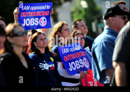 Members and supporters of the United Steelworkers and the International Association of Machinists and Aerospace Workers attend a rally opposing job killing free trade agreements on Capitol Hill in Washington, D.C. on September 4, 2011.  UPI/Kevin Dietsch Stock Photo