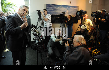 House Majority Whip Kevin McCarthy, R-Calif., speaks to the media, mostly about job creation, after a House Republican Conference meeting on Capitol Hill in Washington, DC, on October 25, 2011.    UPI/Roger L. Wollenberg Stock Photo