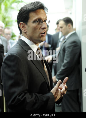 House Majority Leader Eric Cantor, R-Va., speaks to the media, mostly about job creation, after a House Republican Conference meeting on Capitol Hill in Washington, DC, on October 25, 2011.    UPI/Roger L. Wollenberg Stock Photo