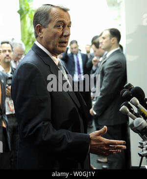 House Speaker John Boehner, R-Ohio, speaks to the media, mostly about job creation, after a House Republican Conference meeting on Capitol Hill in Washington, DC, on October 25, 2011.     UPI/Roger L. Wollenberg Stock Photo